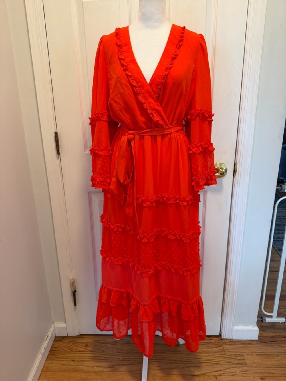 ALEXIS for Target Red Clip Dot Ruffle Tiered Midi Dress Angel Sleeve Wrap Size M - Picture 6 of 15